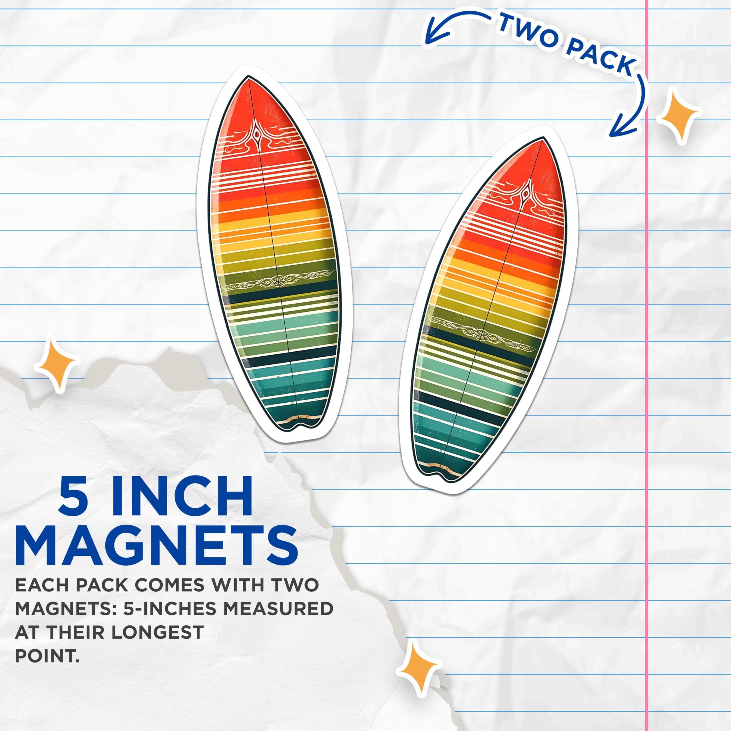 (2 Pack) Surfboard Striped Magnets - Surfing Beach Decor - Retro Board Design Magnets - 5" On Longest Side - Premium Magnet - for Cars, Refrigerators, Toolboxes, Lockers - Made in USA - MAG14183