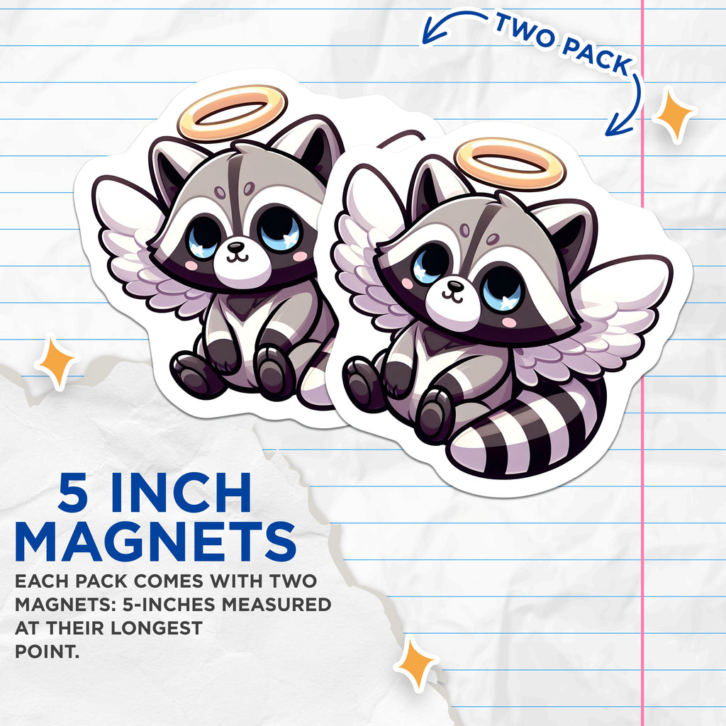 (2 Pack) Angel Raccoon Magnets - Kawaii Animal Decor - Refrigerator Locker Accent - 5 Inches On Longest Side - Thick Durable Magnet - Made in USA - MAG38939