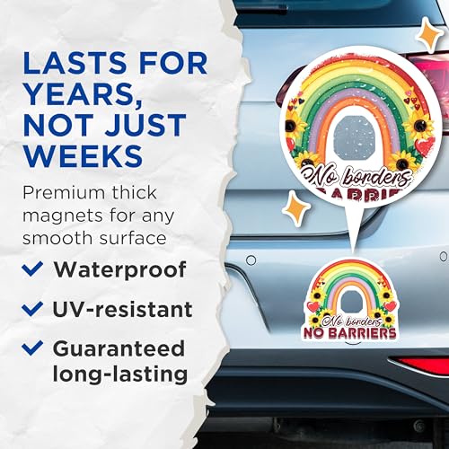 (2 Pack) No Borders No Barriers Magnets Magnets - Sunflower Rainbow Magnet - Inclusion Magnet - 5" On Longest Side - Made in USA - Sticks to Refrigerators & Metal Surfaces - MAG9195