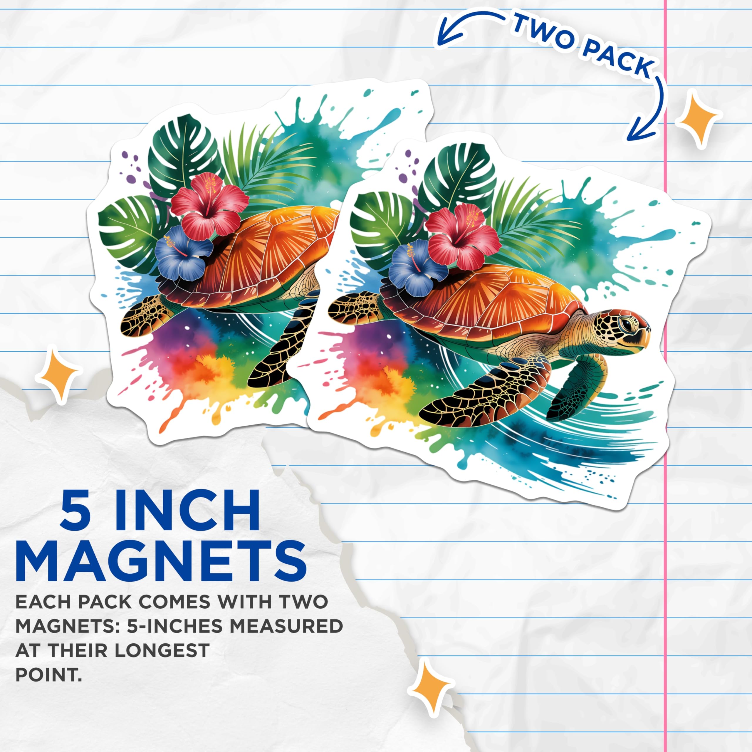 (2 Pack) Colorful Sea Turtle Magnets - Island Ocean Decor - Hibiscus Monstera Art - 5 Inches On Longest Side - Thick Durable Magnet - Made in USA - MAG23191