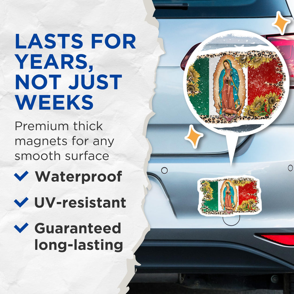 (2 Pack) Virgen de Guadalupe Mexican Flag Magnets - Our Lady Catholic Boho Decor - Leopard Print Sunflowers Spiritual Art - 5 Inches On Longest Side - Thick Durable Magnet - Made in USA - MAG27368