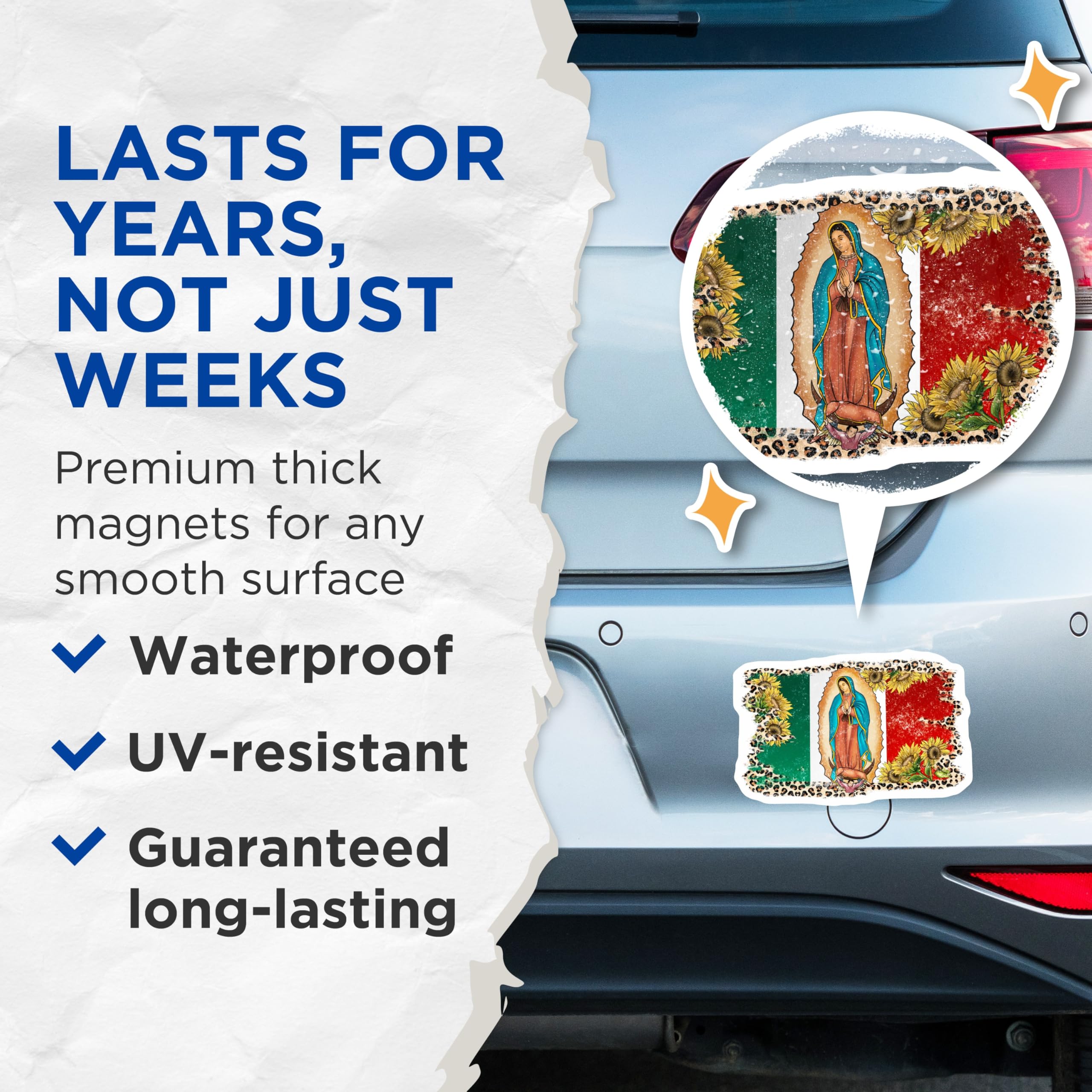 (2 Pack) Virgen de Guadalupe Mexican Flag Magnets - Our Lady Catholic Boho Decor - Leopard Print Sunflowers Spiritual Art - 5 Inches On Longest Side - Thick Durable Magnet - Made in USA - MAG27368