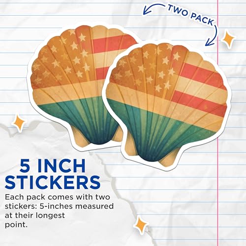 (2 Pack) Shell Stickers - American Flag Design - USA Beach Theme - 5" On Longest Side - Sticks to Smooth Flat Surfaces - Made in USA - BMCS8996 - Patriotic Seashell Decal