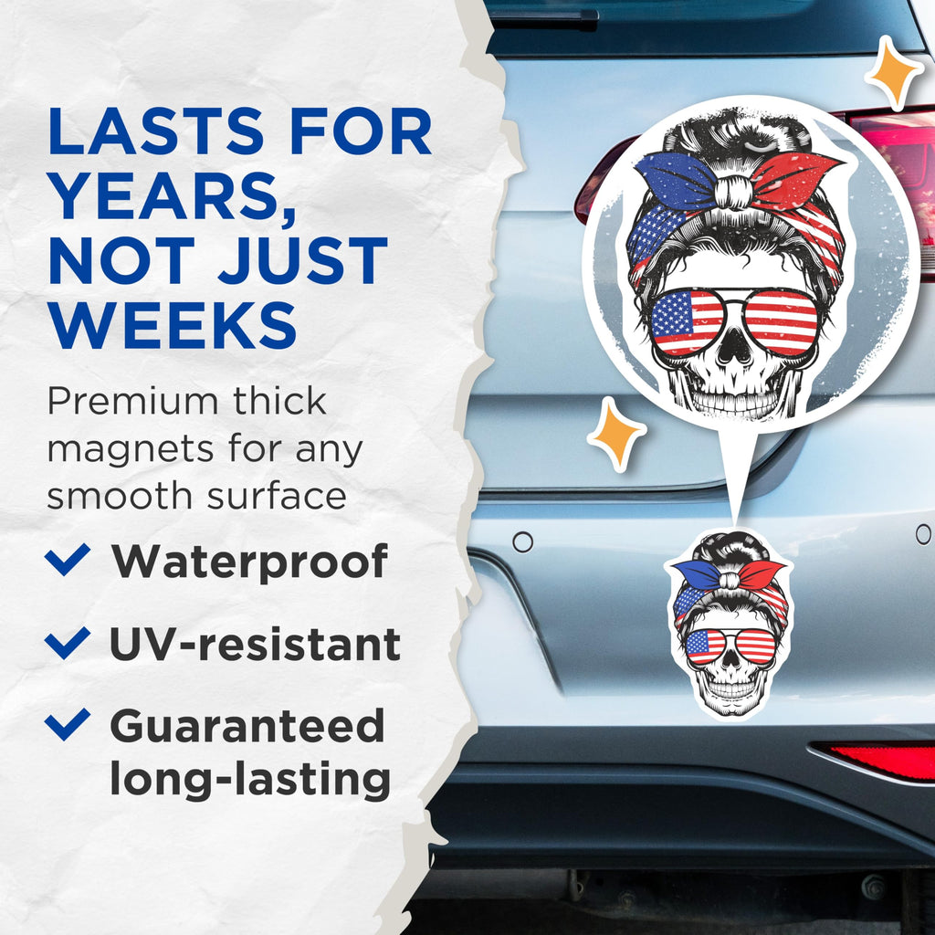 (2 Pack) Patriotic Skull Magnets - American Flag - Messy Bun Accessories - 5" On Longest Side - Premium Magnet - for Cars, Refrigerators, Toolboxes, Lockers - Made in USA - MAG17475