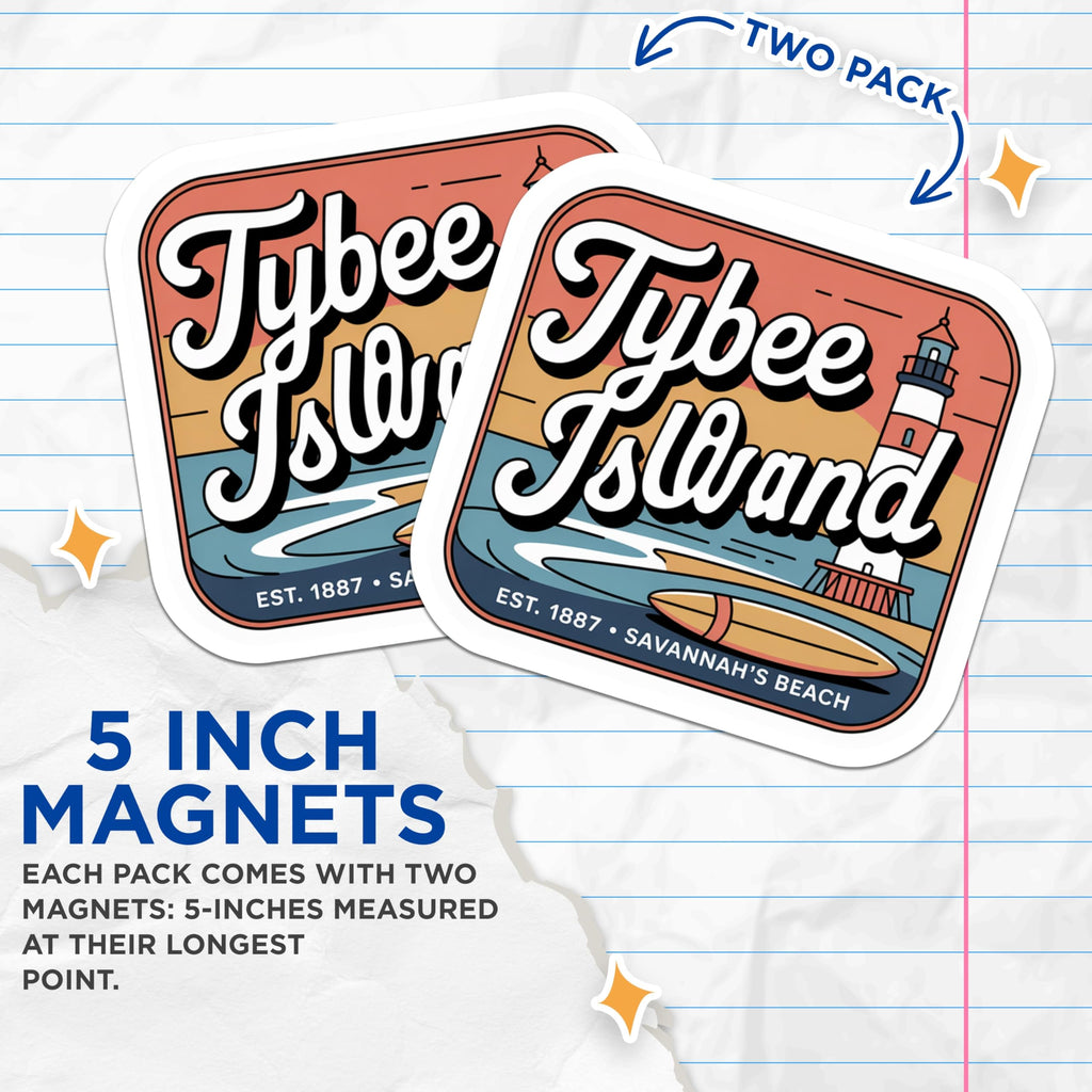 (2 Pack) Tybee Island Magnets - Lighthouse Beach Art - Savannah Georgia Souvenir - Surfboard Coastal Decor - 5 Inches On Longest Side - Thick Durable Magnet - Made in USA - MAG19295