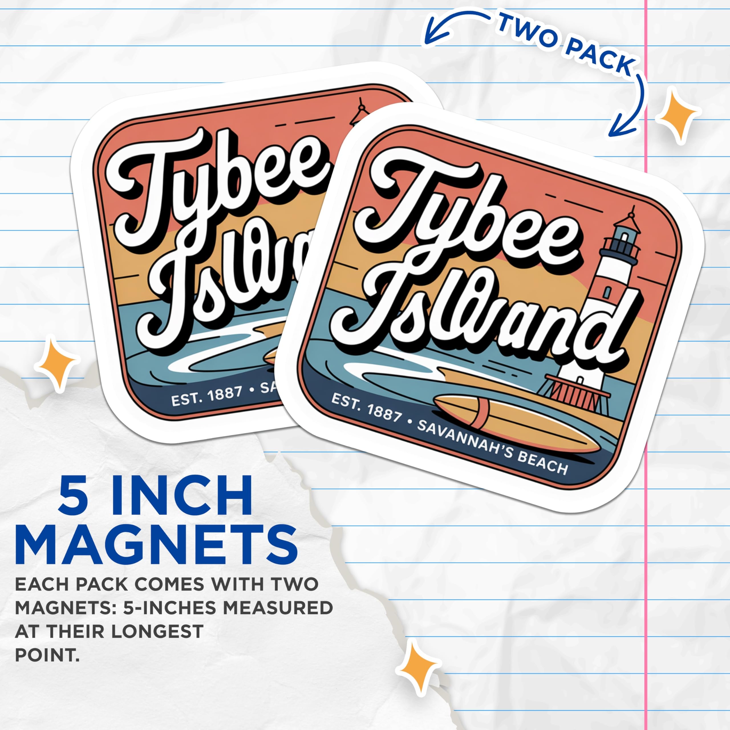 (2 Pack) Tybee Island Magnets - Lighthouse Beach Art - Savannah Georgia Souvenir - Surfboard Coastal Decor - 5 Inches On Longest Side - Thick Durable Magnet - Made in USA - MAG19295