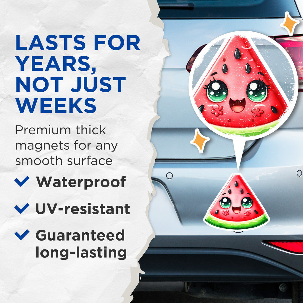(2 Pack) Kawaii Watermelon Slice Magnets - Cute Fruit Fridge Decor - Summer Locker Fun - 5 Inches On Longest Side - Thick Durable Magnet - Made in USA - MAG36598