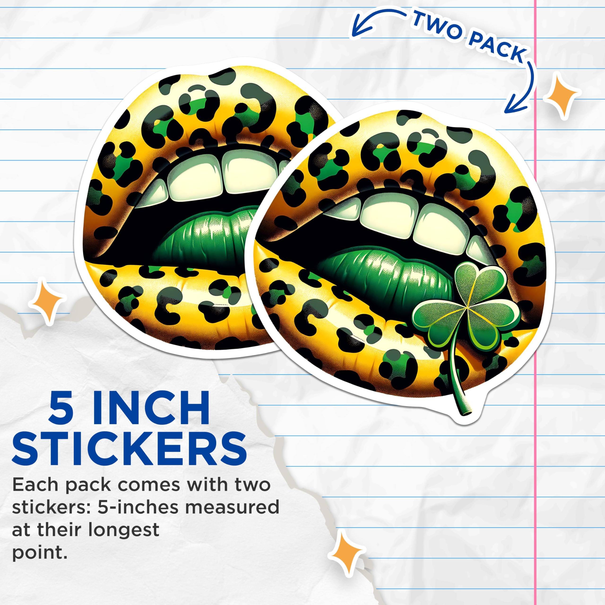 (2 Pack) Leopard Lips Stickers - Shamrock Decal - St Patricks Day Kiss- 5" On Longest Side - Sticks to Smooth Flat Surfaces - Made in USA - BMCS16932