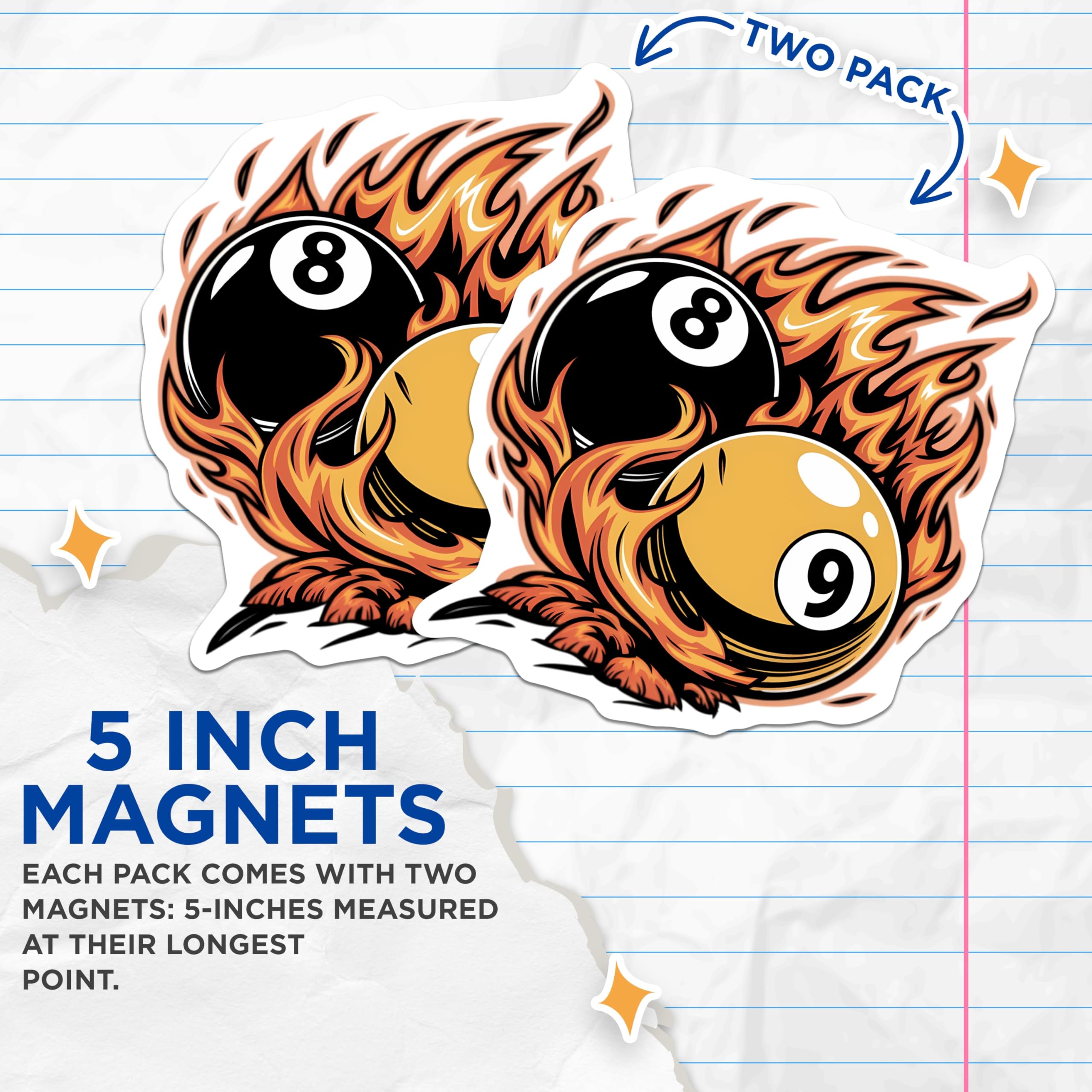 (2 Pack) Flaming Billiards Magnets - Exciting Pool Game Room Decor - Eightball Nineball Art for Game Enthusiasts - 5 Inches On Longest Side - Thick Durable Magnet - Made in USA - MAG22773