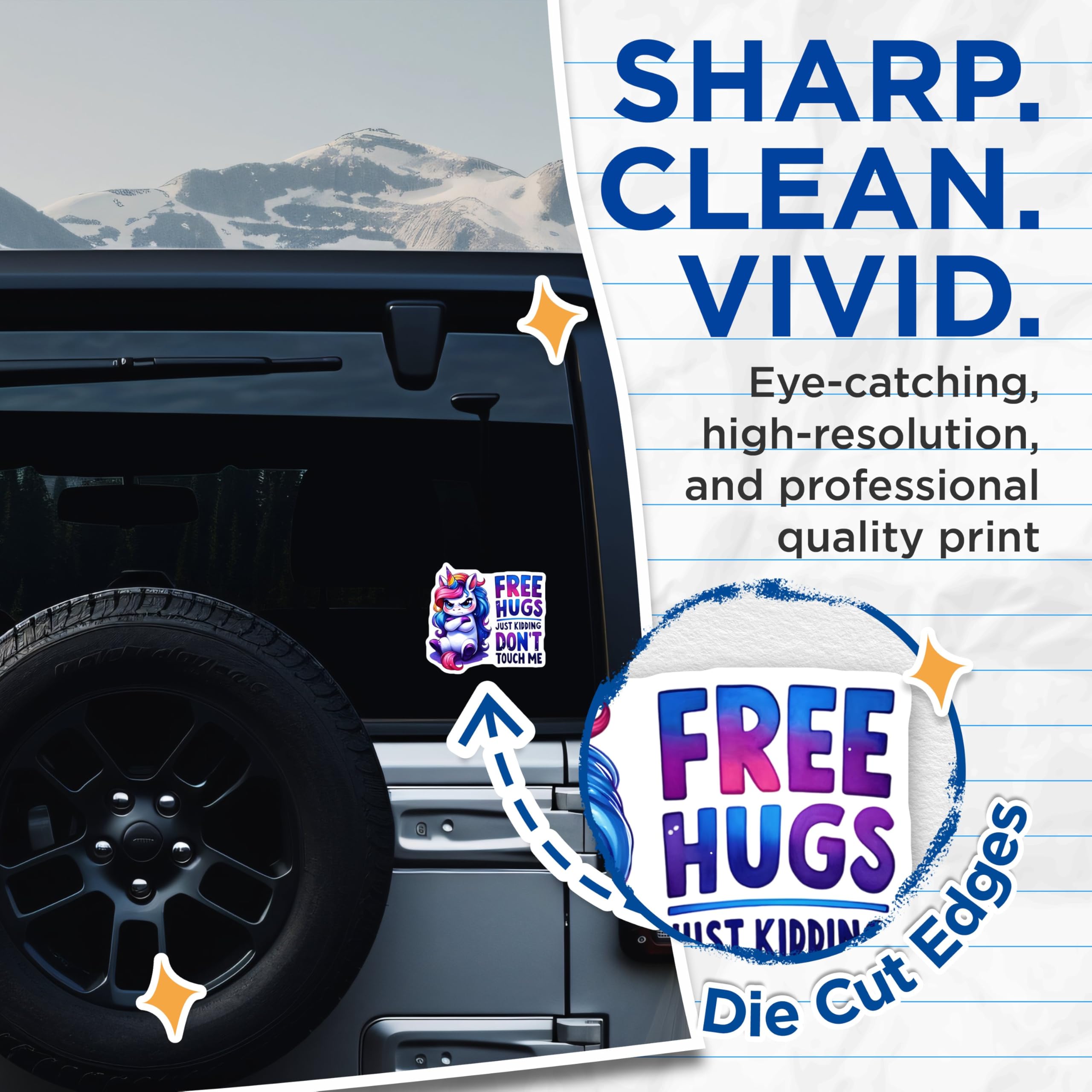 (2 Pack) Free Hugs Just Kidding Stickers - Don't Touch Me Unicorn Stickers - Cute Unicorn Stickers for Humor - 5" On Longest Side - Sticks to Any Smooth Flat Surface - Made in USA - BMCS3340