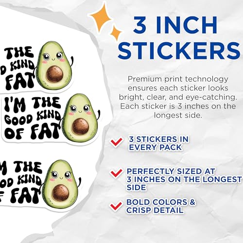 (3 Pack) Avocado Decals - Good Fat Quote Stickers - Kawaii Laptop Decorations - 3 Inches On Longest Side - Easy Peel & Apply - Made in USA - 3MCS7154