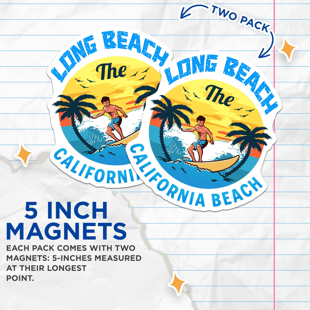 (2 Pack) Long Beach California Magnets - Surfer Beach Scene - Coastal Refrigerator Magnets - 5" On Longest Side - Premium Magnet - for Cars, Refrigerators, Toolboxes, Lockers - Made in USA - MAG17775