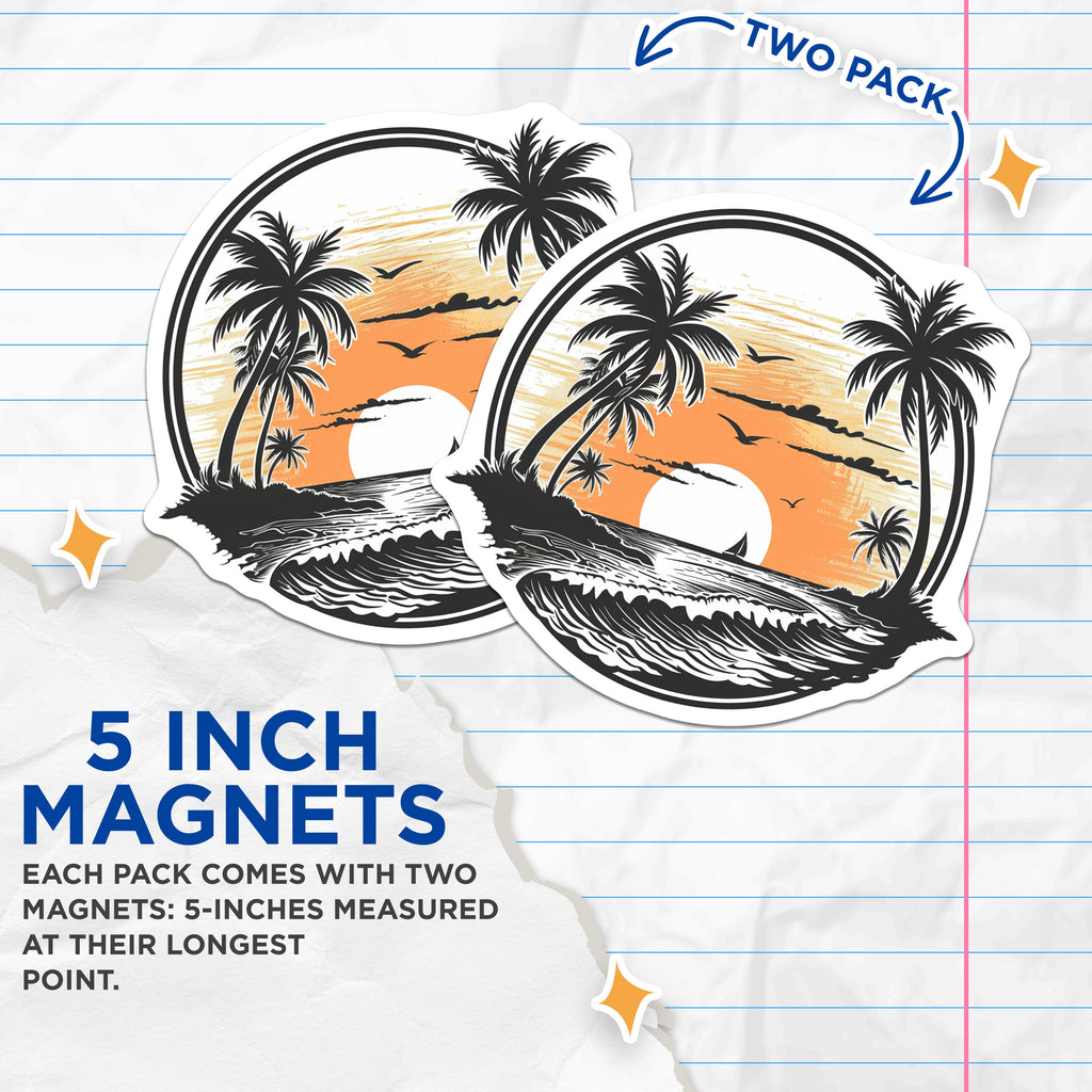 (2 Pack) Tropical Sunset Beach Magnets - Palm Tree Ocean Scene - Vacation Theme Fridge Decor - 5 Inches On Longest Side - Thick Durable Magnet - Made in USA - MAG37287