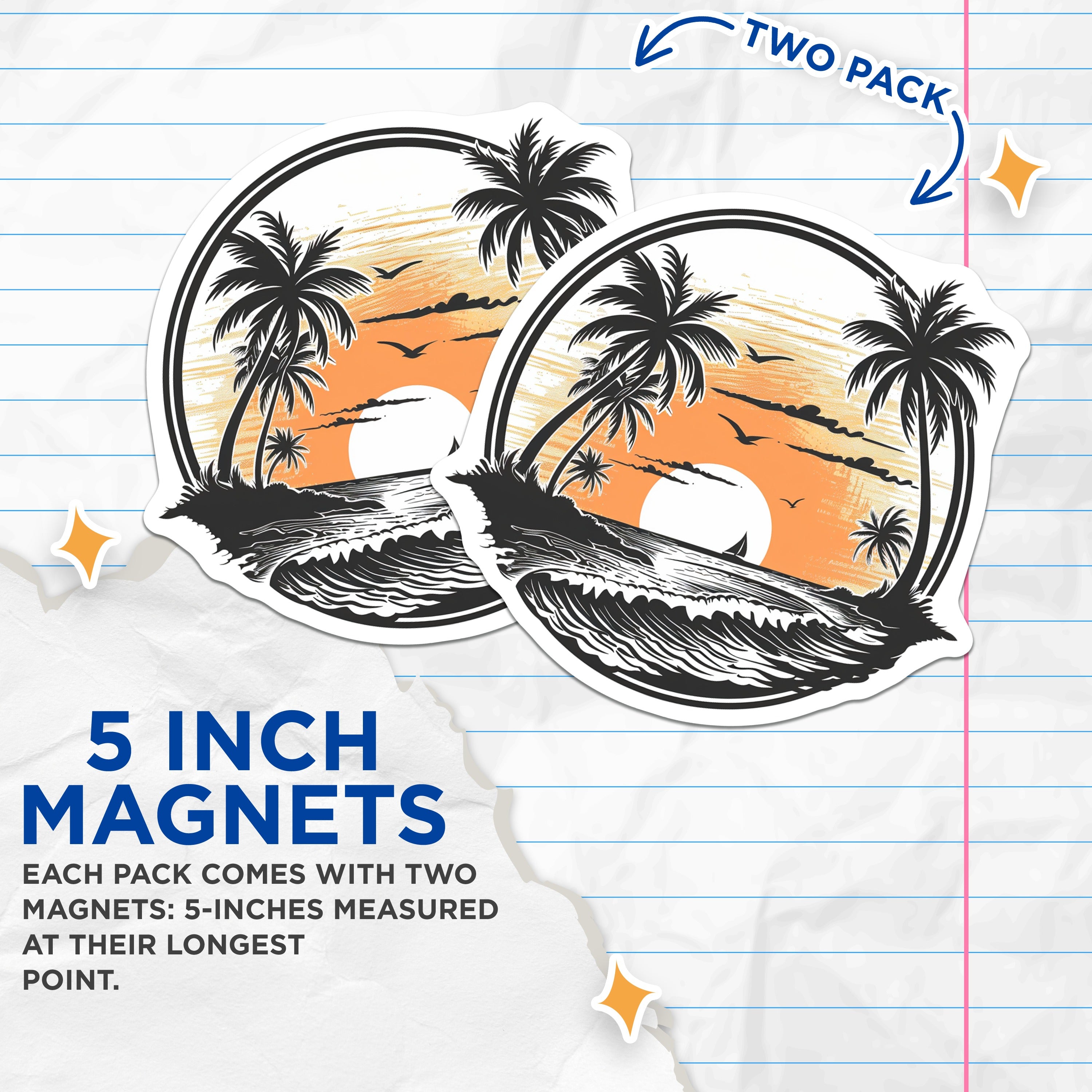 (2 Pack) Tropical Sunset Beach Magnets - Palm Tree Ocean Scene - Vacation Theme Fridge Decor - 5 Inches On Longest Side - Thick Durable Magnet - Made in USA - MAG37287