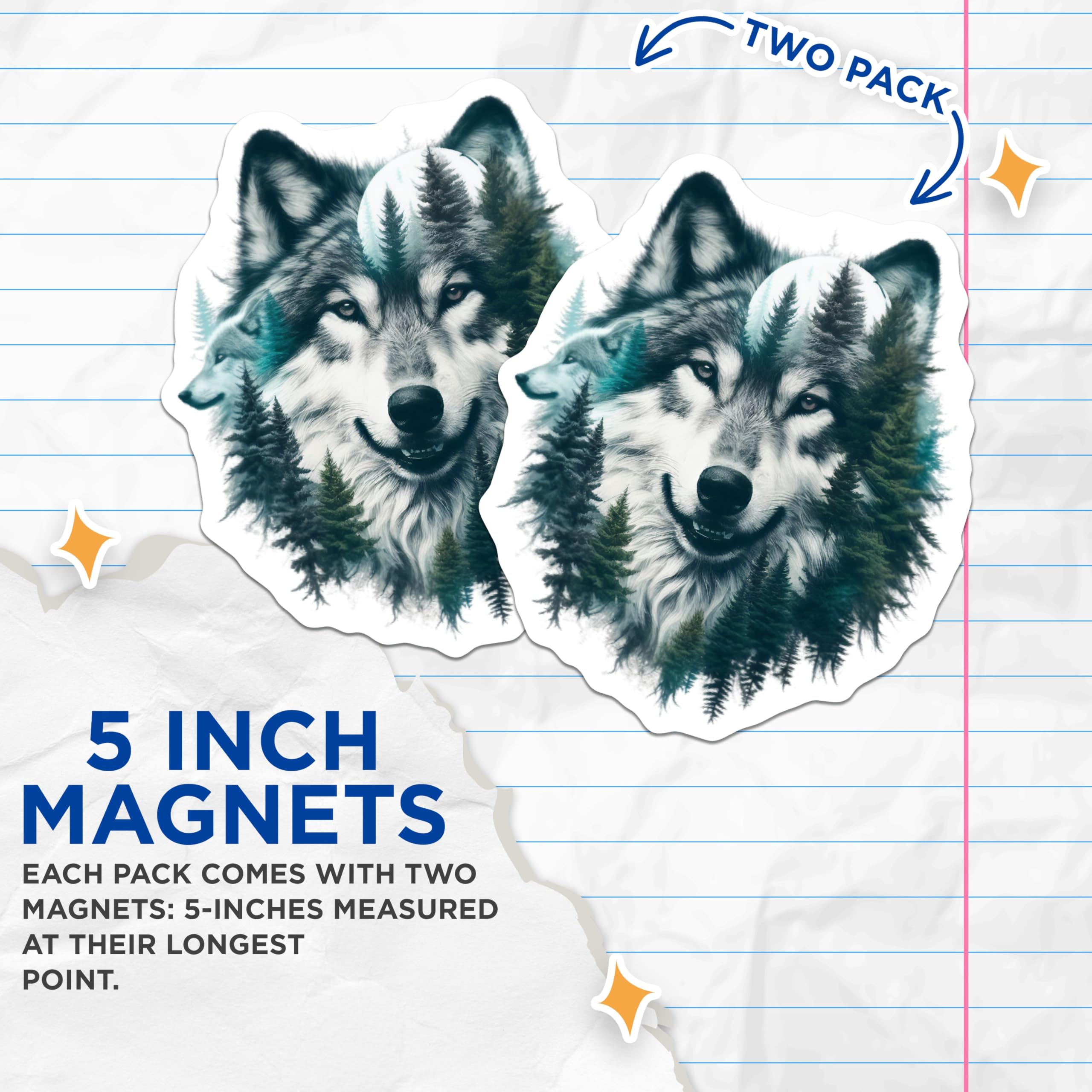 (2 Pack) Wolf Magnets - Forest Animal Decor - Nature Home Decorations - 5" On Longest Side - Premium Magnet - for Cars, Refrigerators, Toolboxes, Lockers - Made in USA - MAG15579