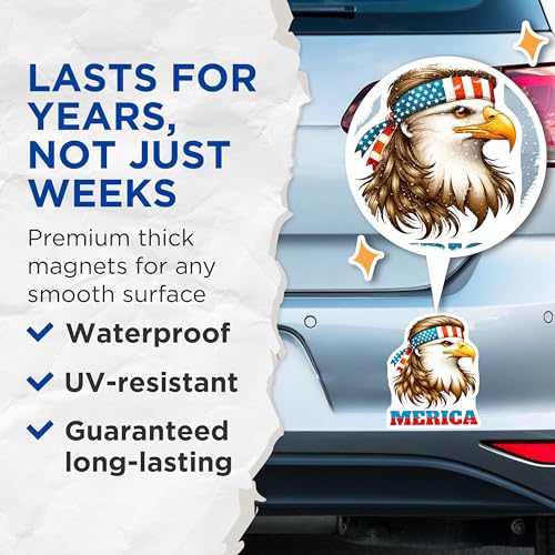 (2 Pack) Eagle Headband Magnets - American Patriot Decor - Bald Eagle Art - 5" On Longest Side - for Cars, Fridges, Toolboxes - Made in USA - MAG7400