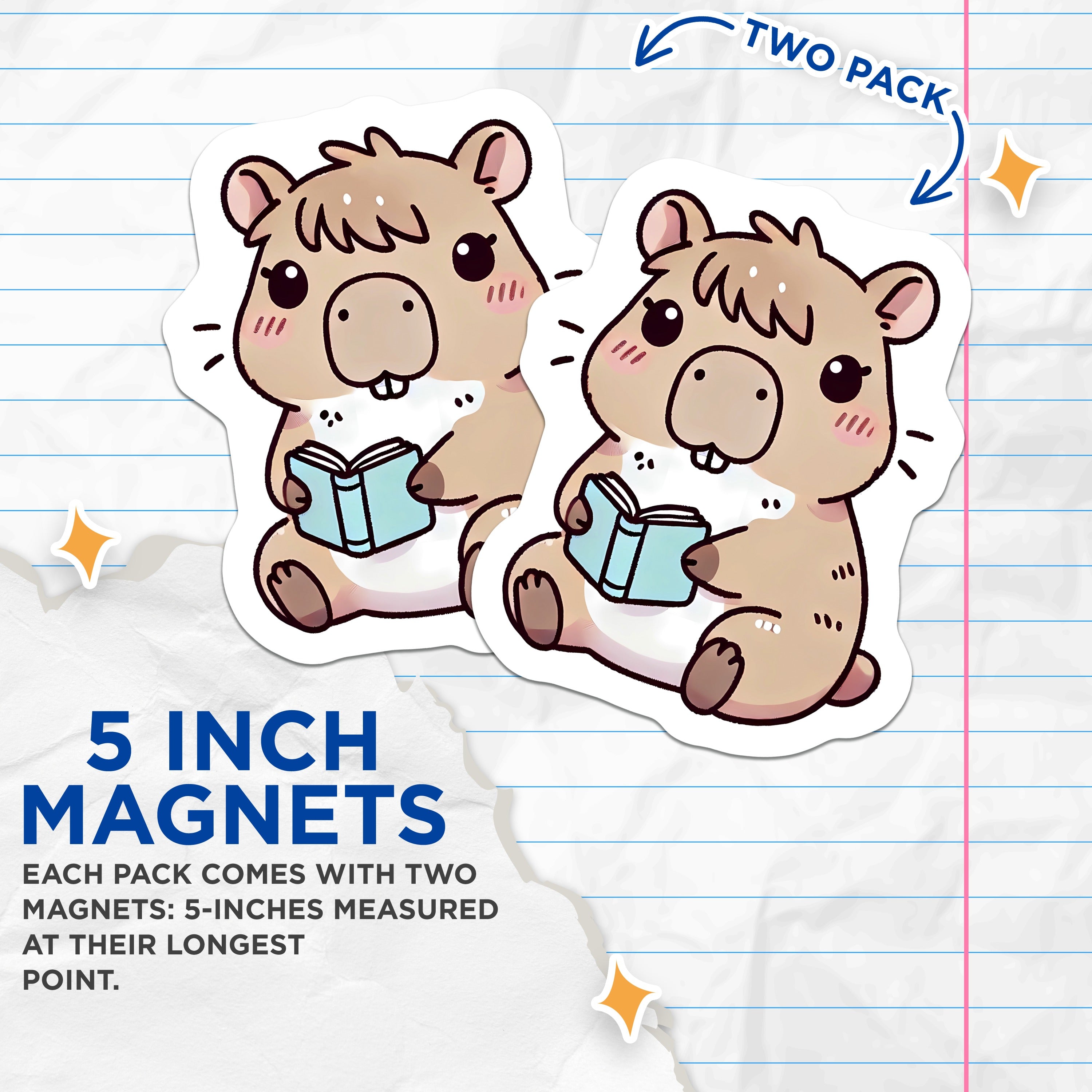 (2 Pack) Adorable Capybara Reading Magnets - Cute Book Lover Fridge Decor - Kawaii Animal Student Reader Present - 5 Inches On Longest Side - Thick Durable Magnet - Made in USA - MAG37829