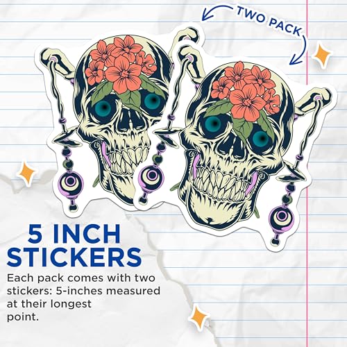 (2 Pack) Skull Floral Stickers - Tattoo Skull Design - Cool Skeletal Art Stickers - 5" On Longest Side - Sticks to Smooth Flat Surfaces - Made in USA - BMCS5533