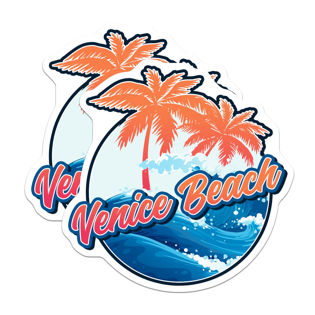 (2 Pack) Venice Beach Stickers - California Surfing - Palm Tree Decal - 5" On Longest Side - Sticks to Smooth Flat Surfaces - Made in USA - BMCS18398