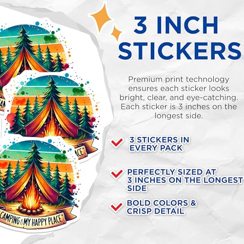 (3 Pack) Camping Happy Place Decals - Outdoor Adventure - Bonfire Tent Stickers- 3 Inches On Longest Side - Easy Peel & Apply - Made in USA - 3MCS5370