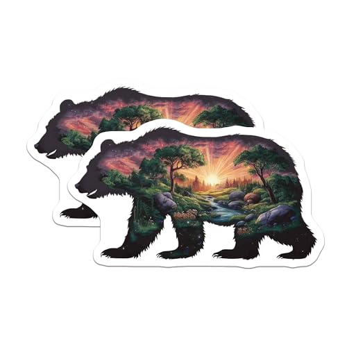 (2 Pack) Nature Bear Stickers - Scenic Bear Silhouette - Wilderness Art Decal for Nature Lovers - 5" On Longest Side - Sticks to Smooth Flat Surfaces - Made in USA - BMCS7168