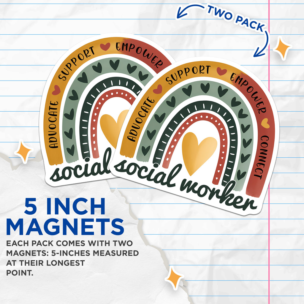(2 Pack) Social Worker Magnets - Advocate Support Empower Connect - Boho Rainbow Appreciation - Thank You Social Worker - 5 Inches On Longest Side - Thick Durable Magnet - Made in USA - MAG38947