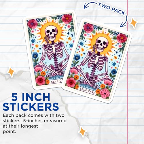 (2 Pack) Skeleton Self Care Stickers - Floral Skull Art - Sun Skeleton Artwork - 5" On Longest Side - Sticks to Smooth Flat Surfaces - Made in USA - BMCS9419