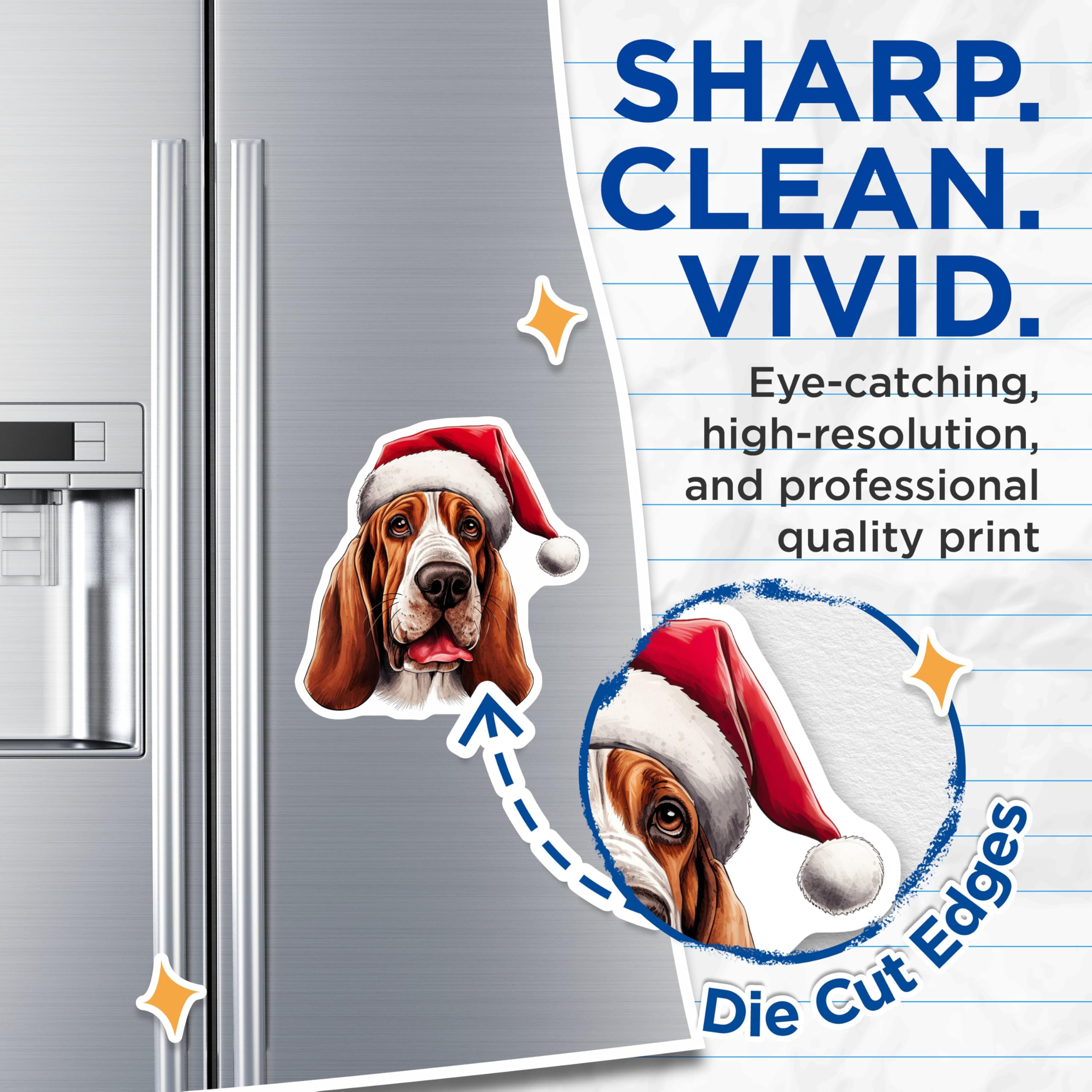 (2 Pack) Basset Hound Magnets - Christmas Dog Illustration - Holiday Pet Decor Accessory - 5 Inches On Longest Side - Thick Durable Magnet - Made in USA - MAG23430