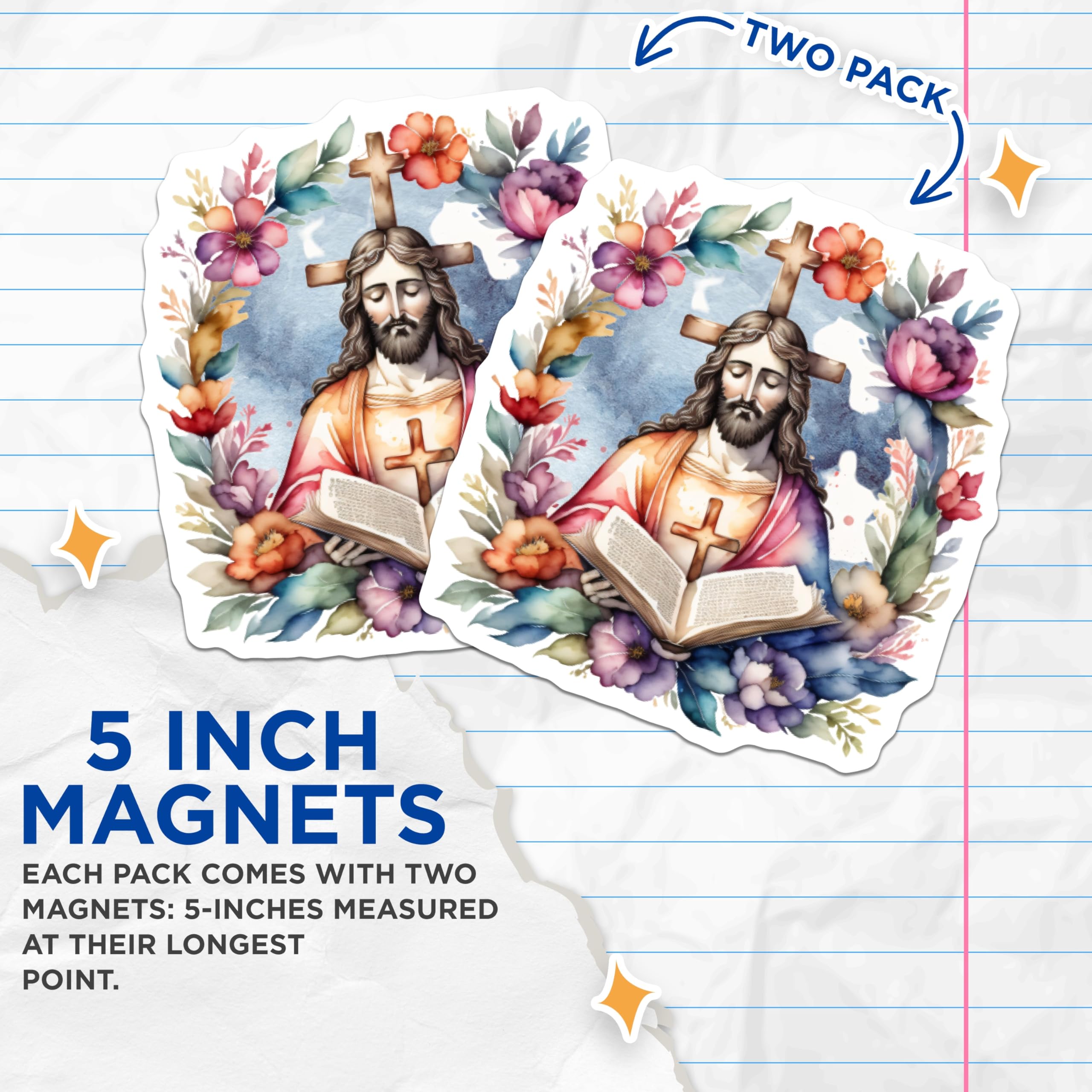 (2 Pack) Jesus Christ Magnets - Christian Religious Faith Decor - Holy Bible Scripture Floral Cross Art - 5 Inches On Longest Side - Thick Durable Magnet - Made in USA - MAG19589