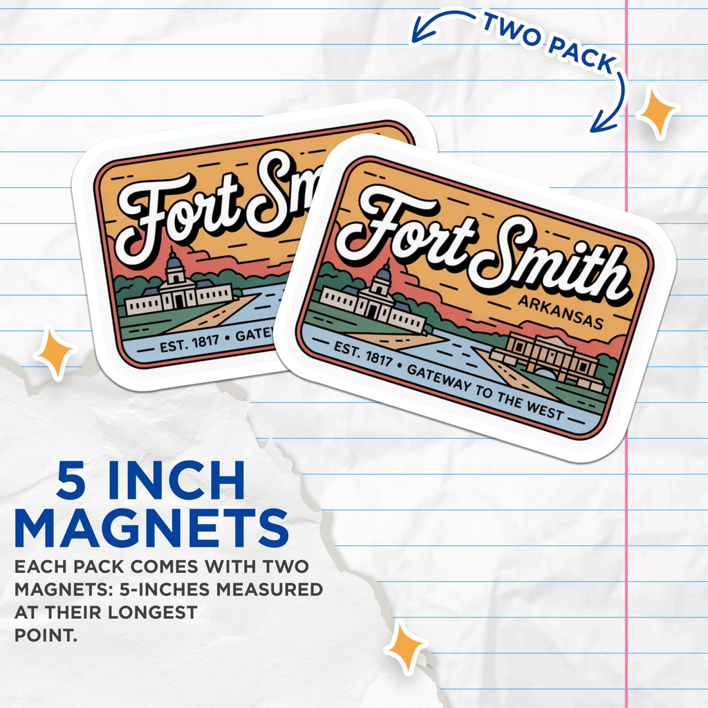 (2 Pack) Fort Smith Arkansas Magnets - Gateway to the West Souvenir - Retro Travel Landmark Art - Arkansas City Scene Decor - 5 Inches On Longest Side - Thick Durable Magnet - Made in USA - MAG19488