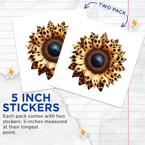 (2 Pack) Sunflower Stickers - Leopard Print Flower Stickers - Unique Floral Vinyl Stickers - 5" On Longest Side - Sticks to Smooth Flat Surfaces - Made in USA - BMCS5332