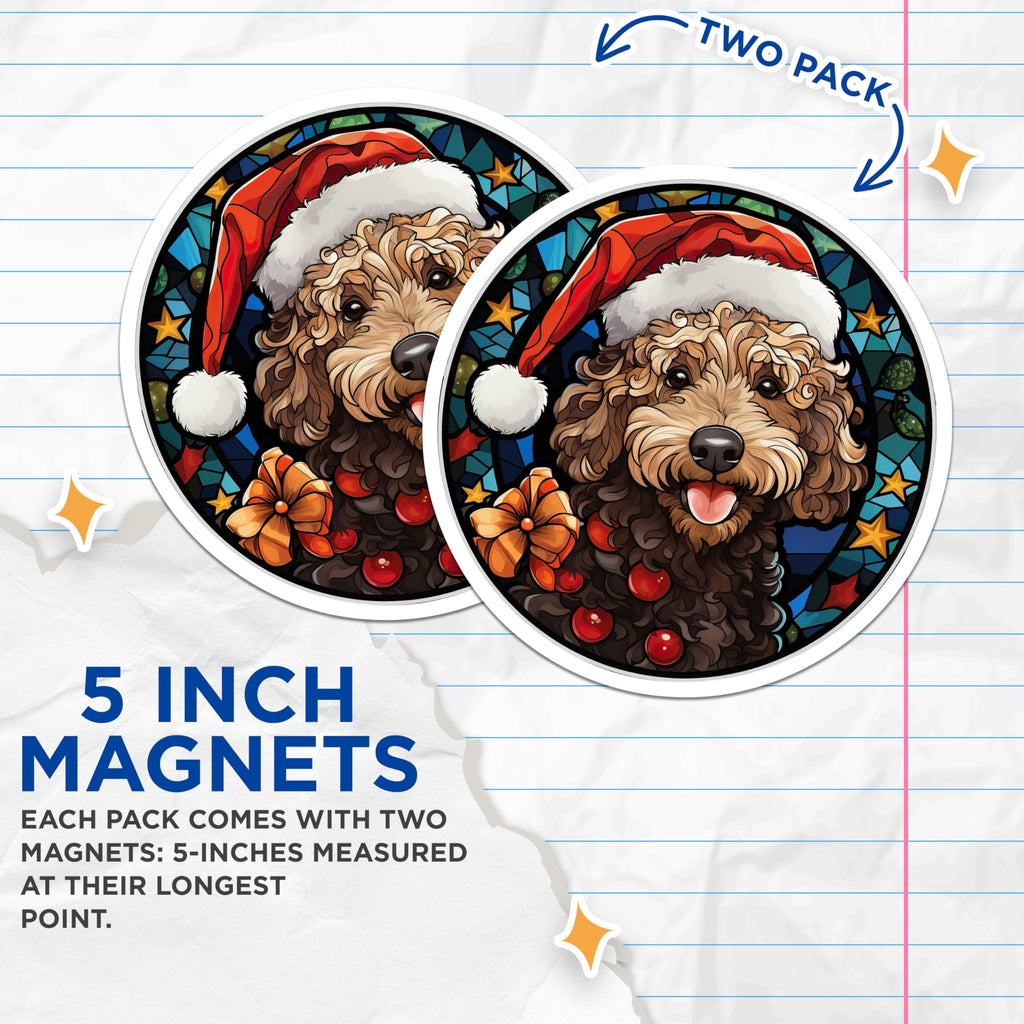 (2 Pack) Goldendoodle Christmas Magnets - Santa Hat Dog Decor - Stained Glass Pet Lover Fridge Decor - 5 Inches On Longest Side - Thick Durable Magnet - Made in USA - MAG25960