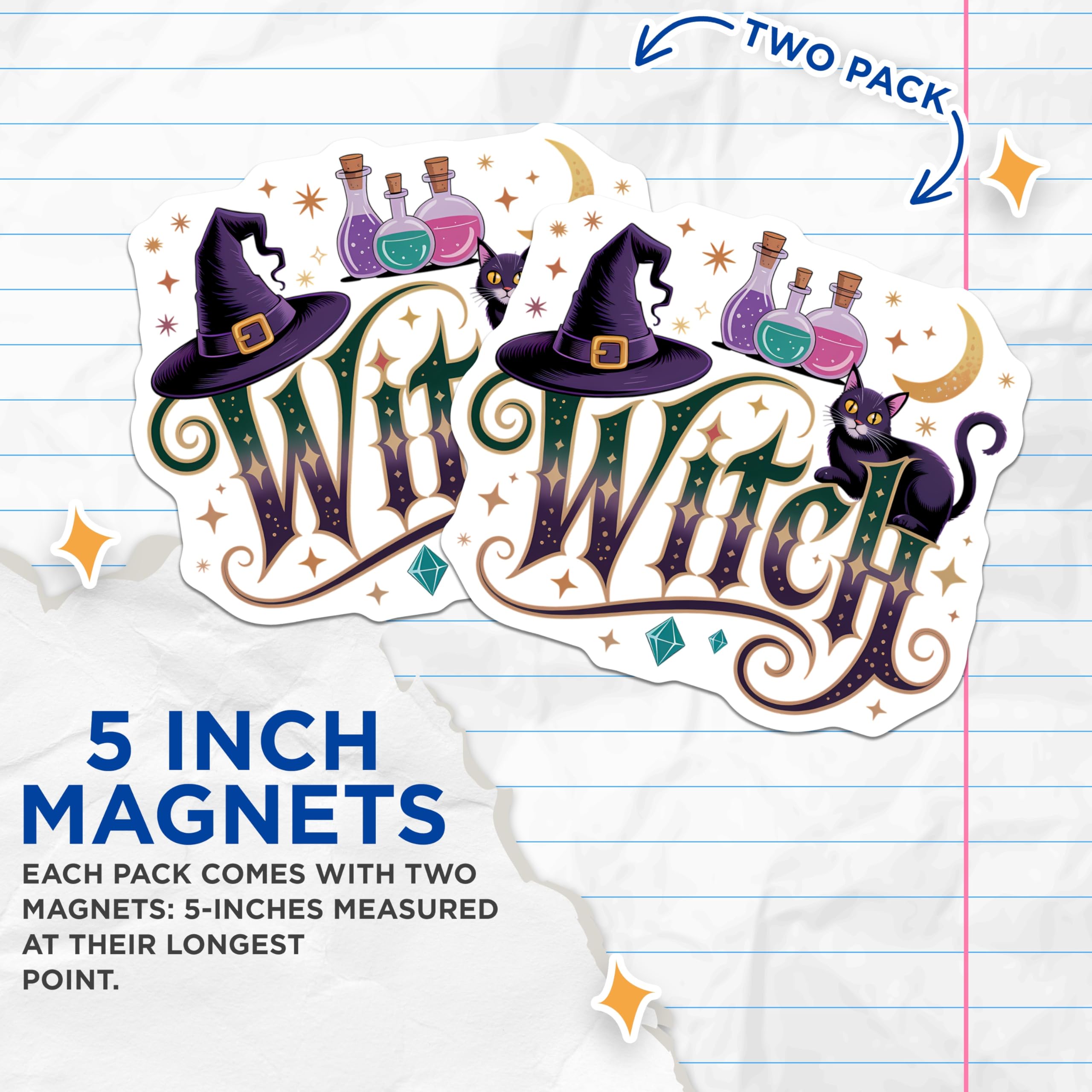 (2 Pack) Witch Black Cat Potion Magnets - Halloween Mystical Magic Decor - Sorceress Hat Celestial Moon Stars Artwork - 5 Inches On Longest Side - Thick Durable Magnet - Made in USA - MAG21208