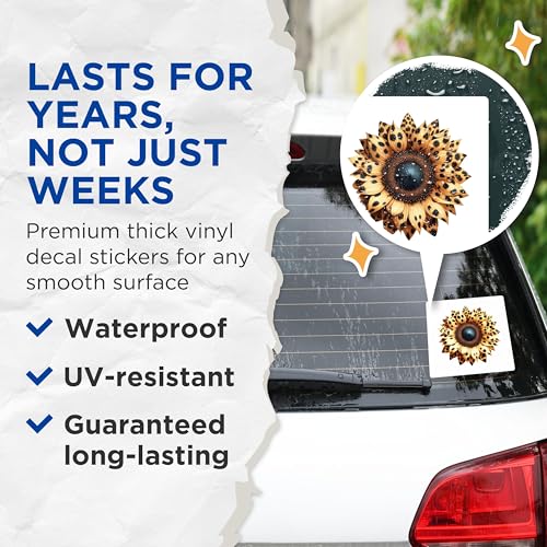 (2 Pack) Sunflower Stickers - Leopard Print Flower Stickers - Unique Floral Vinyl Stickers - 5" On Longest Side - Sticks to Smooth Flat Surfaces - Made in USA - BMCS5332