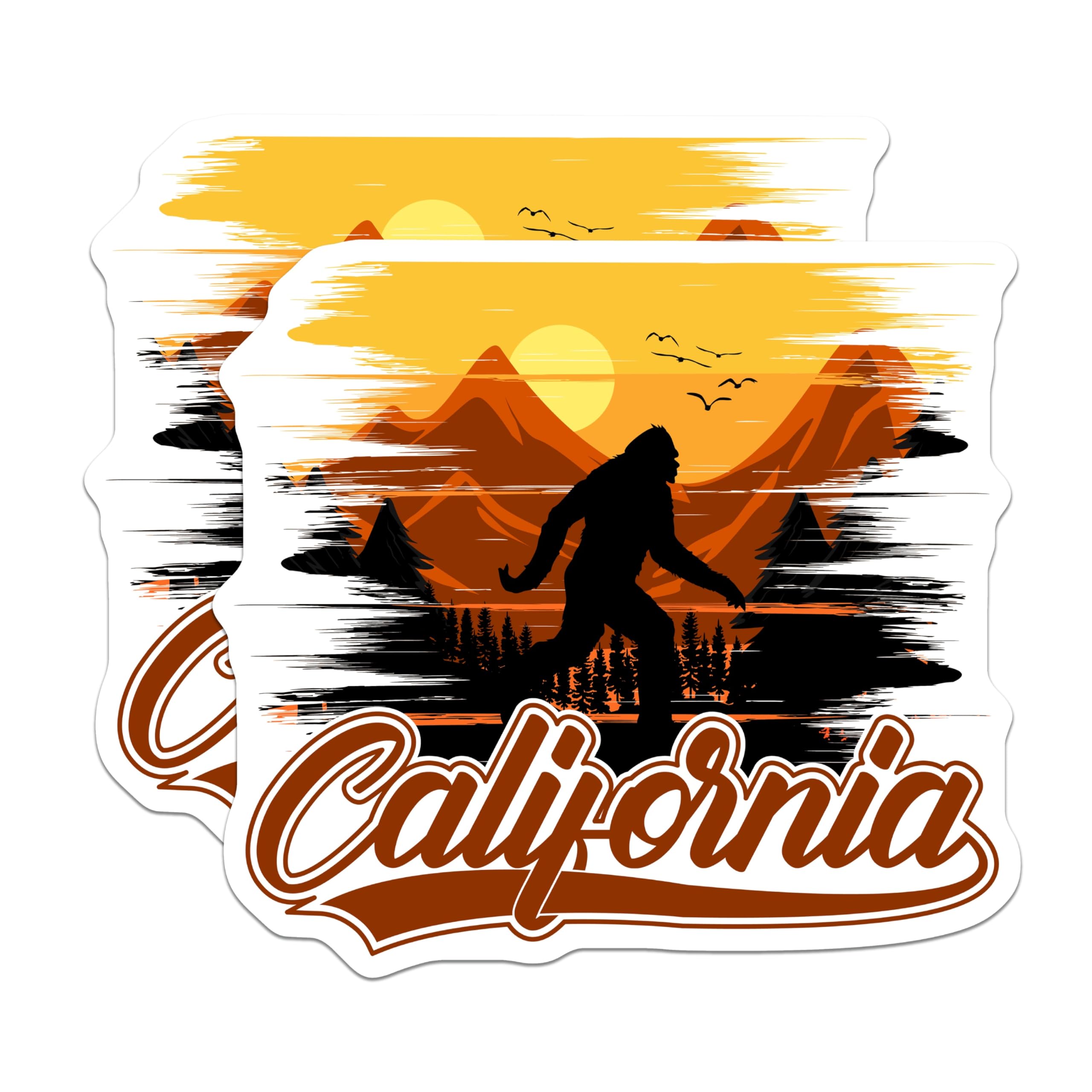 (2 Pack) Bigfoot California Stickers - Sasquatch Mountain Sunset - Cryptid Forest Adventure - 5" On Longest Side - Sticks to Smooth Flat Surfaces - Made in USA - BMCS20253