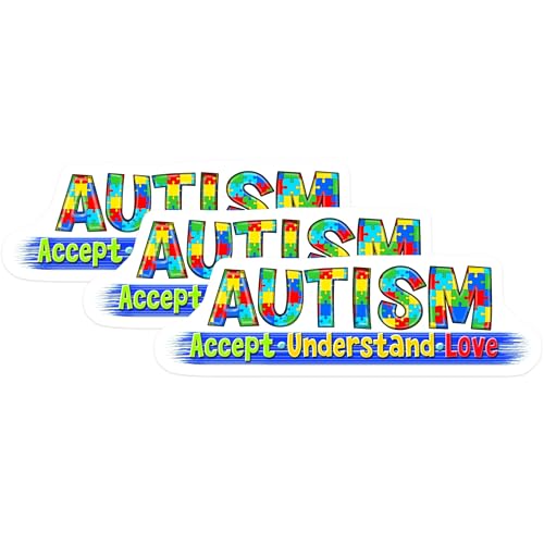 (3 Pack) Autism Awareness Decals - Puzzle Piece - Accept Understand Love Decals- 3 Inches On Longest Side - Easy Peel & Apply - Made in USA - 3MCS5209