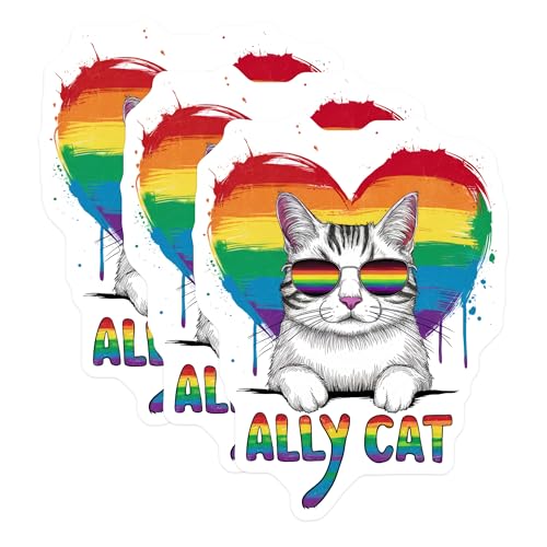 (3 Pack) Ally Cat Decals - LGBT Cat Decal - Rainbow Heart Laptop Decals - 3 Inches On Longest Side - Easy Peel & Apply - Made in USA - 3MCS8322