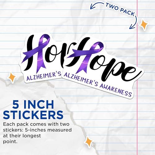 (2 Pack) Hope Alzheimer's Awareness Stickers - Purple Ribbon Support - Memory Loss Advocacy - 5" On Longest Side - Sticks to Smooth Flat Surfaces - Made in USA - BMCS9797