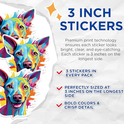 (3 Pack) Colorful Dog Decals - Abstract Dog Art - Modern Pet Decals - 3 Inches On Longest Side - Easy Peel & Apply - Made in USA - 3MCS0757