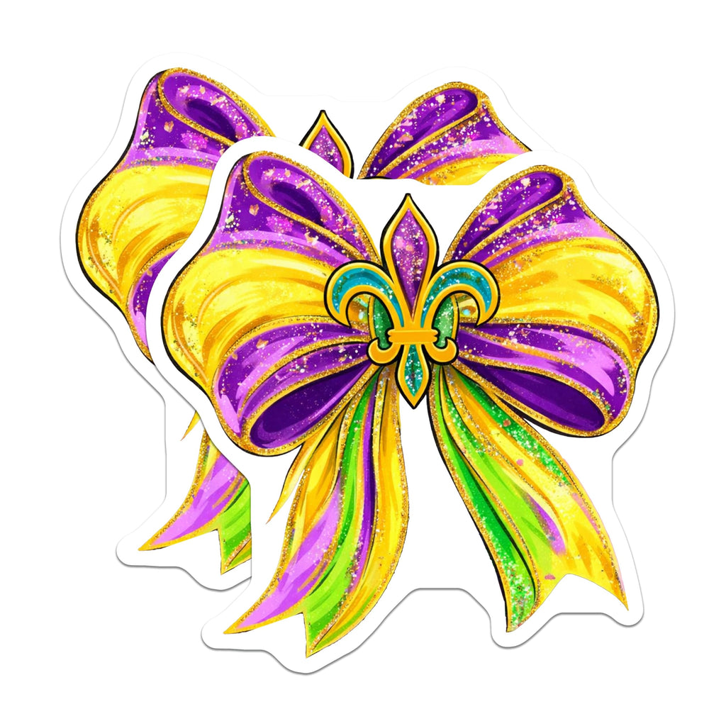 (2 Pack) Mardi Gras Bow Stickers - Fleur de Lis Decor - Celebration Decal - 5" On Longest Side - Sticks to Smooth Flat Surfaces - Made in USA - BMCS17062