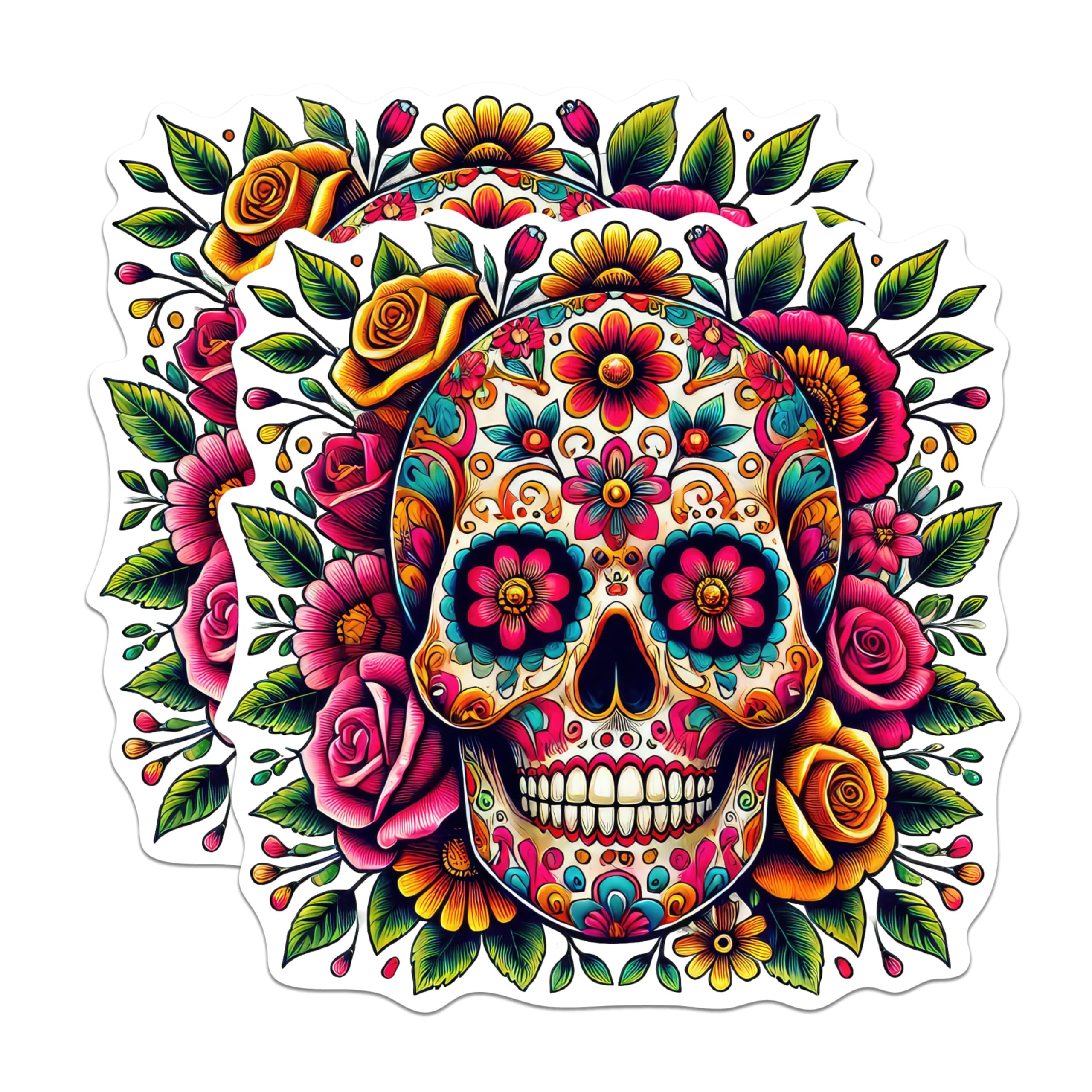 (2 Pack) Floral Sugar Skull Dia De Muertos Magnets - Floral Mexican Sugar Skull - 5 Inches On Longest Side - Premium Magnet - for Cars, Refrigerators, Toolboxes - Made in USA - MAG2061