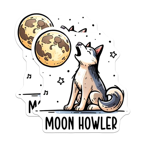 (2 Pack) Dog Howling at Moon Stickers - Husky Wolf Howler Decal - Cute Animal Art Stickers - 5" On Longest Side - Sticks to Smooth Flat Surfaces - Made in USA - BMCS3622
