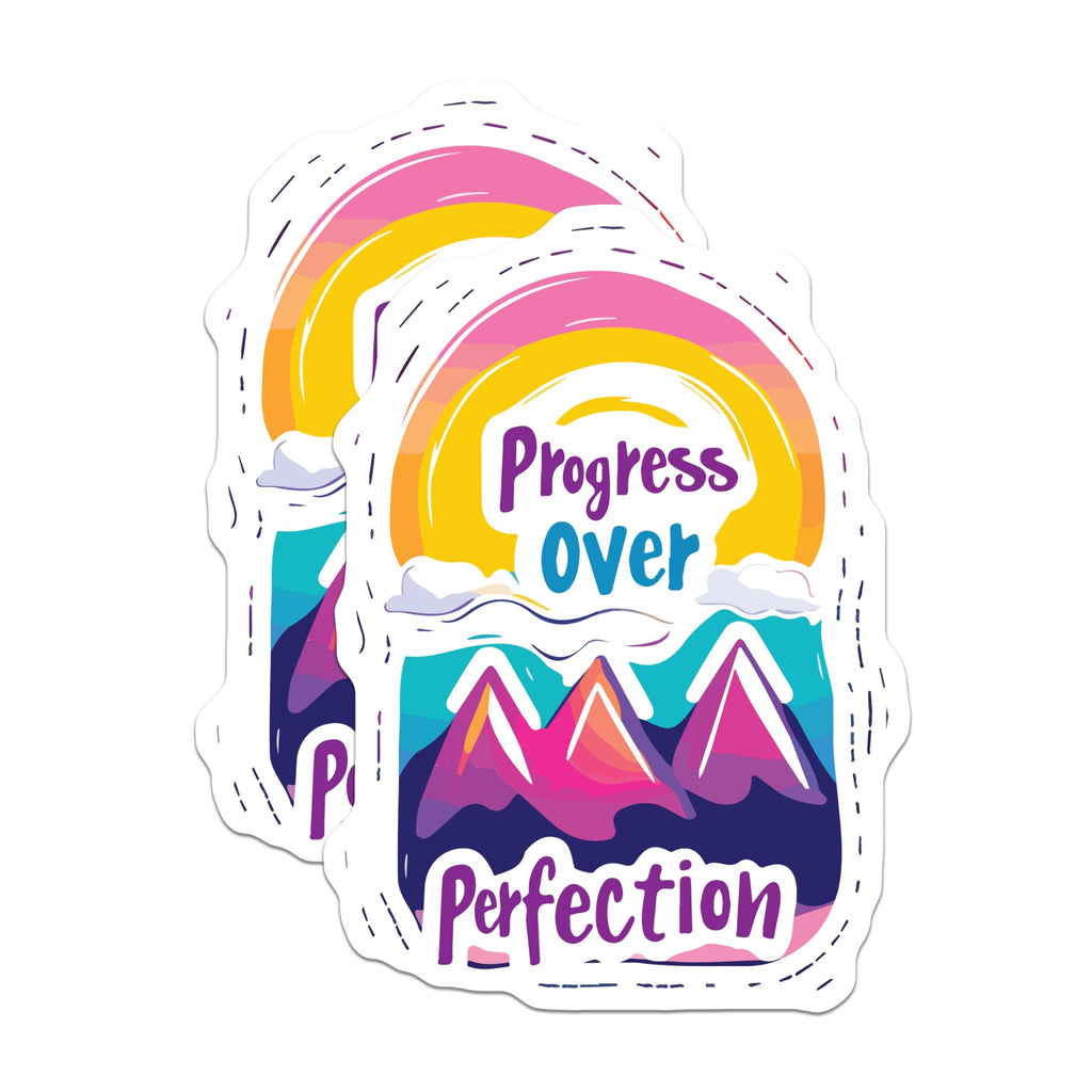 (2 Pack) Progress Over Perfection Magnets - Motivational Quote Art - Rainbow Mountain Decor - 5 Inches On Longest Side - Thick Durable Magnet - Made in USA - MAG20049