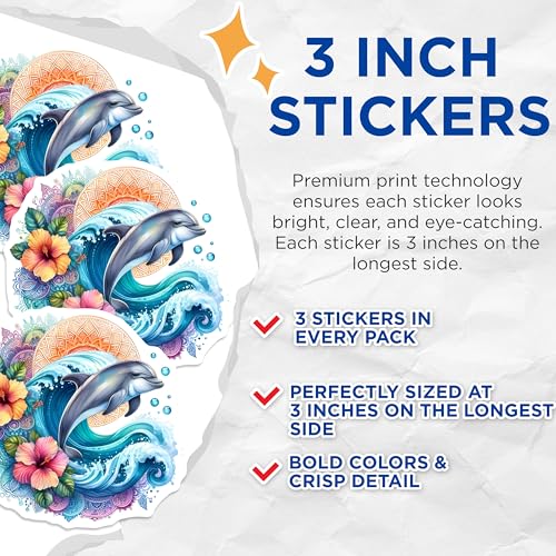 (3 Pack) Dolphin Decals - Ocean Wave Laptop Stickers - Tropical Floral Arts - 3 Inches On Longest Side - Easy Peel & Apply - Made in USA - 3MCS8251
