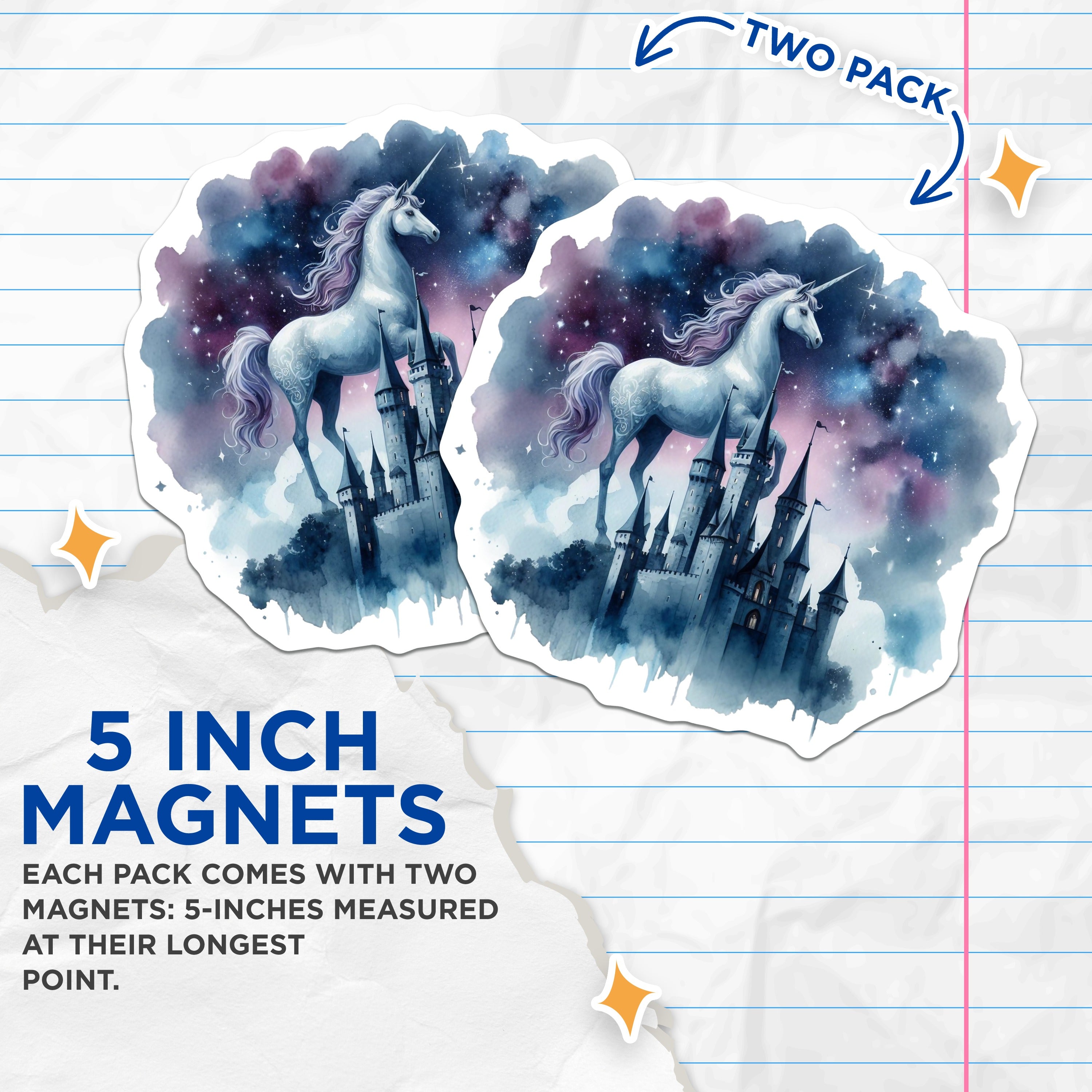 (2 Pack) Galaxy Unicorn Magnets - Mystical Castle Art - Dreamy Fantasy Home Decor - 5 Inches On Longest Side - Thick Durable Magnet - Made in USA - MAG38128