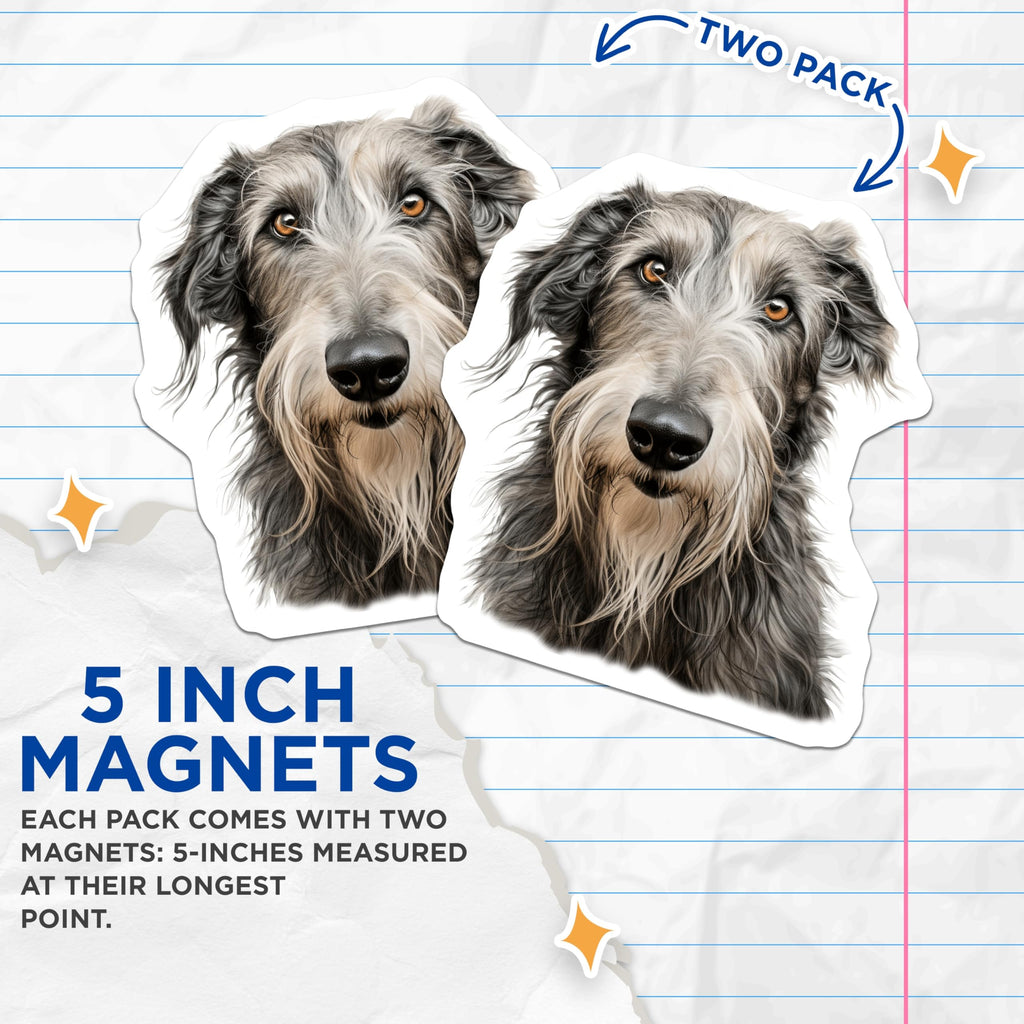 (2 Pack) Scottish Deerhound Magnets - Irish Wolfhound Art - Shaggy Dog Lover Decor - Unique Pet Portrait for Dog Owner - 5 Inches On Longest Side - Thick Durable Magnet - Made in USA - MAG26056