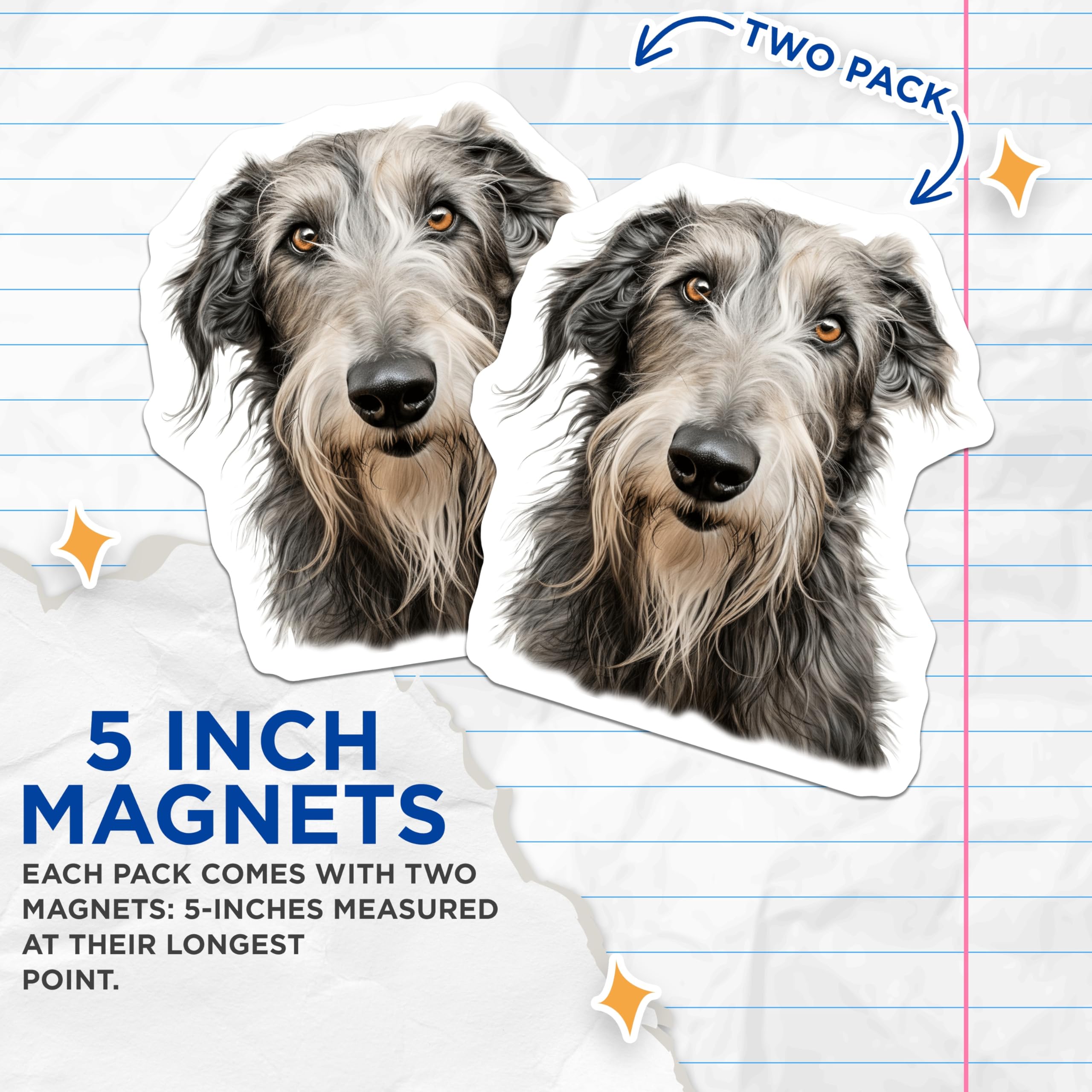 (2 Pack) Scottish Deerhound Magnets - Irish Wolfhound Art - Shaggy Dog Lover Decor - Unique Pet Portrait for Dog Owner - 5 Inches On Longest Side - Thick Durable Magnet - Made in USA - MAG26056