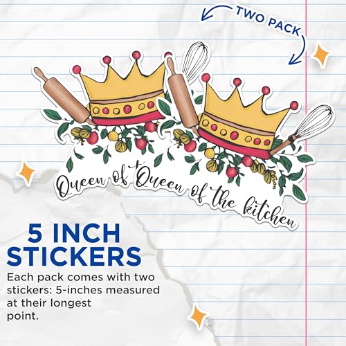 (2 Pack) Queen of The Kitchen Stickers - Cooking Enthusiast Stickers - Culinary Lover Stickers - 5" On Longest Side - Sticks to Any Smooth Flat Surface - Made in USA - BMCS3028