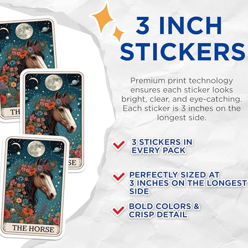(3 Pack) Horse Tarot Card Decals - Floral Horse - Astrology Decals - 3 Inches On Longest Side - Easy Peel & Apply - Made in USA - 3MCS4203