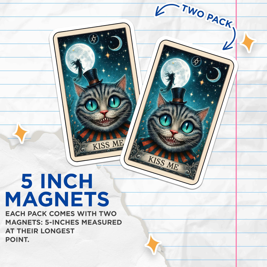 (2 Pack) Cheshire Cat Magnets - Alice Wonderland Fantasy Art - Grinning Cat Spooky Decor - Mystical Whimsical Full Moon Night - 5 Inches On Longest Side - Thick Durable Magnet - Made in USA - MAG22136